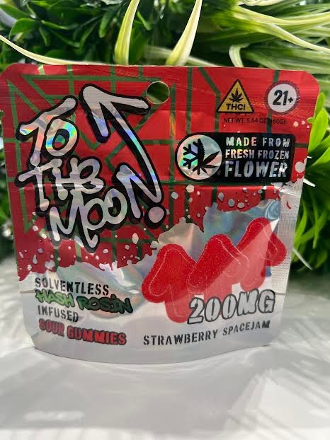 To the moon- Solventless Hash Rosin Infused Sour Gummies- Strawberry Spacejam- 200mg