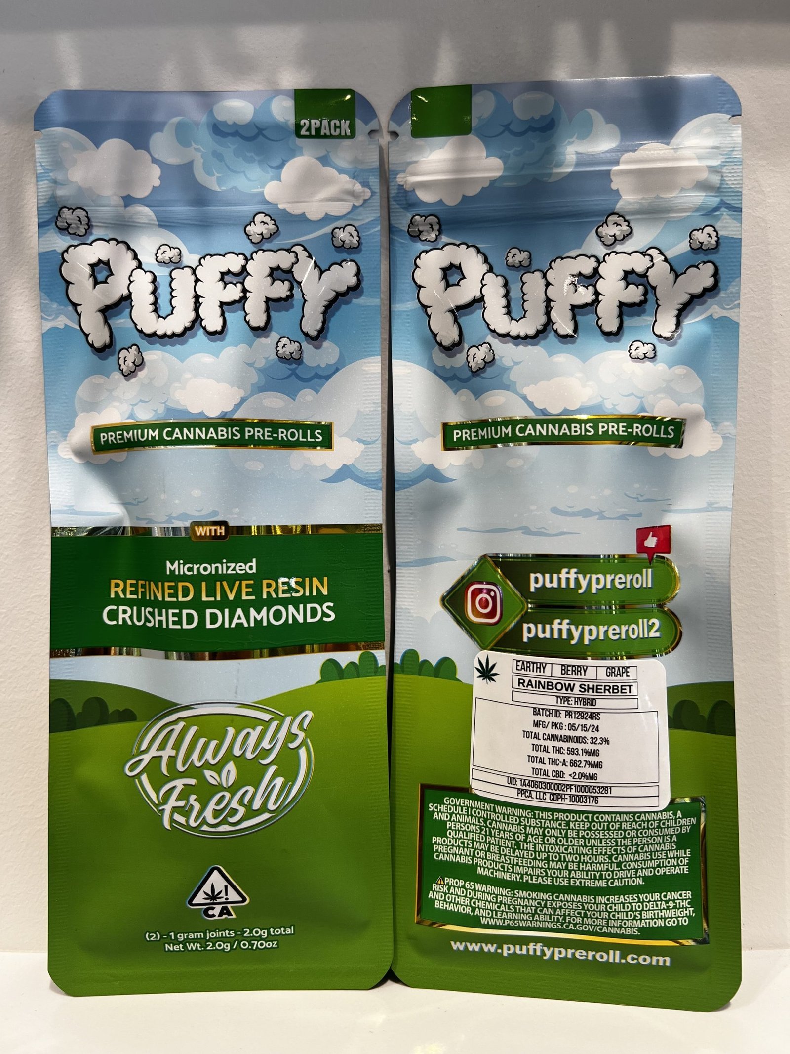 PUFFY- Live Resin/Crushed Diamond Infused 2pck Pre roll- RAINBOW SHERBET